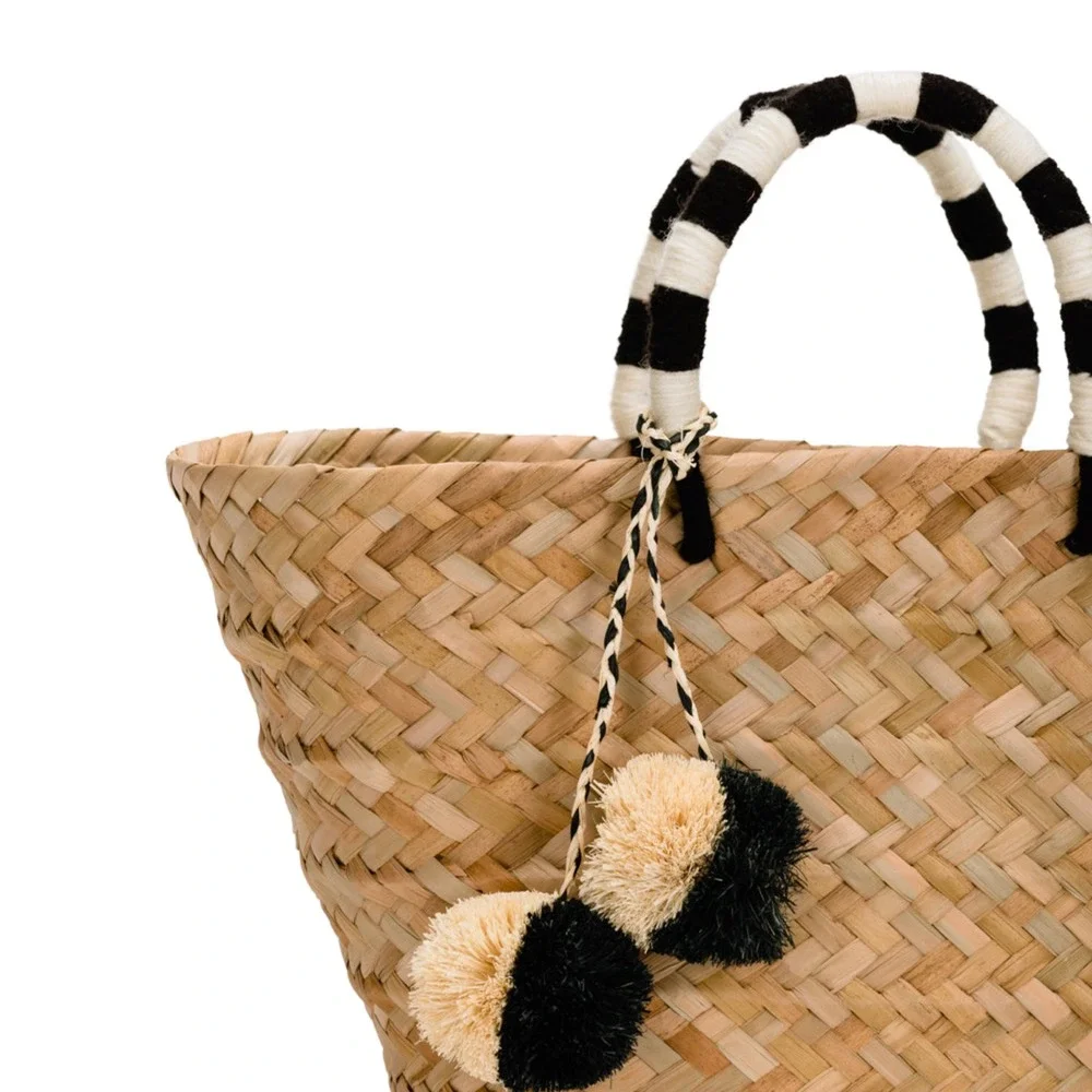 Kayu St Tropez Pom Pom Straw Tote Blk White Striped Handles Basket Summer‎ Light
